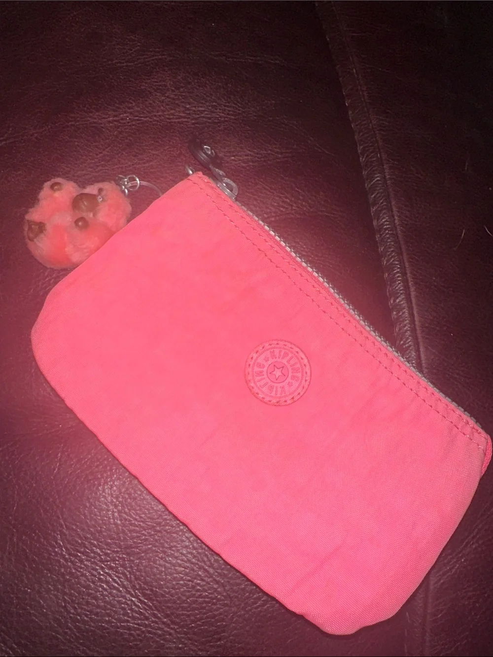 Kipling-Inspired Coral Pink Wallet and Pouch approx 6” x 4”.